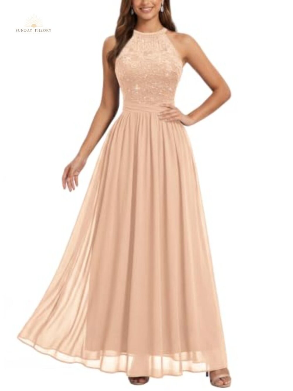 Miusol Halter Tie Sequin Lace Flowy Evening Maxi Formal Dress